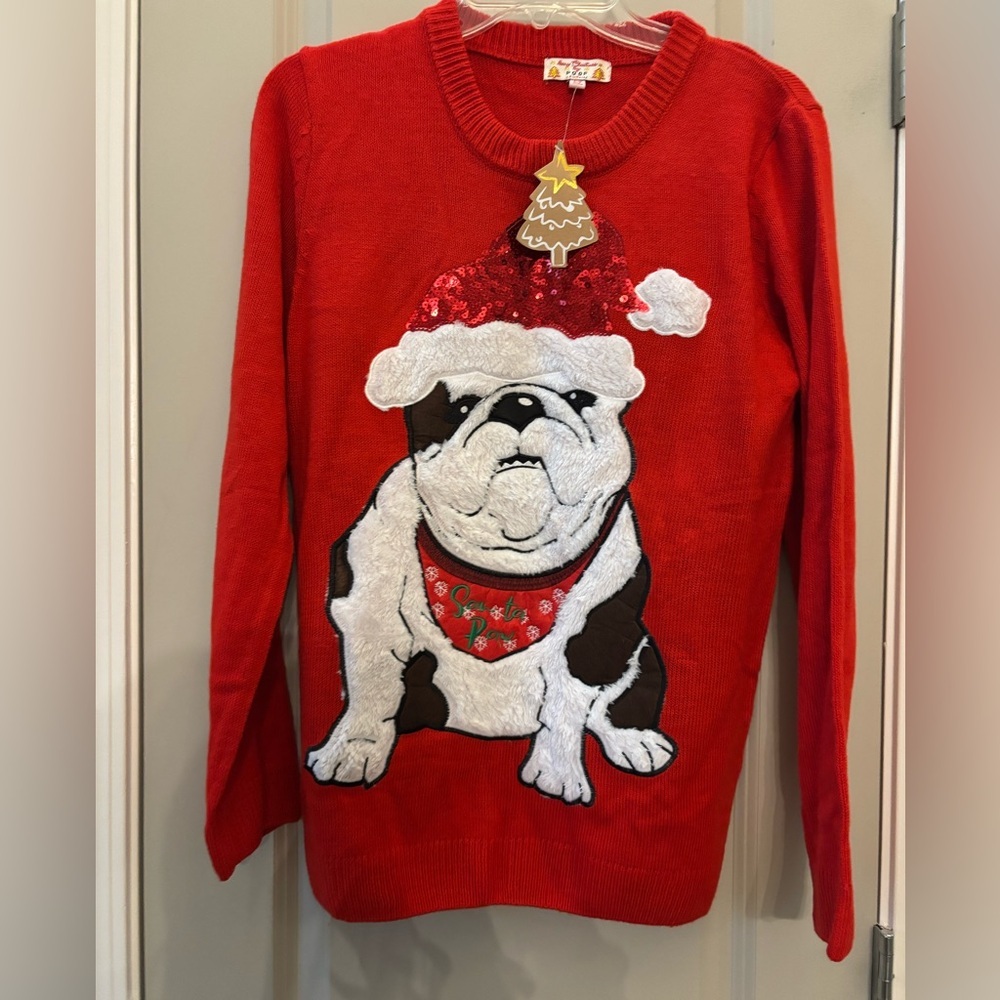 Poof! Merry Christmas Dog Festive Red Knit Sweater - Picture 4 of 6